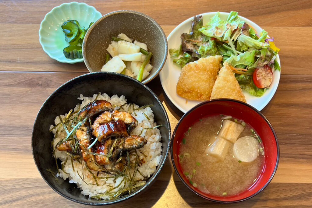 うなぎご飯＆イカフライ定食。富山県砺波市の定食・居酒屋サンタス食堂のフードメニュー。